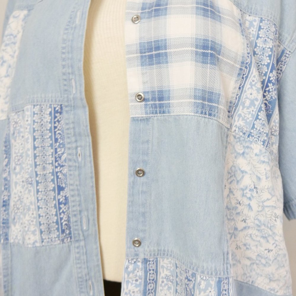 Vintage Patchwork Button Up Collared Top Jean Plu… - image 3
